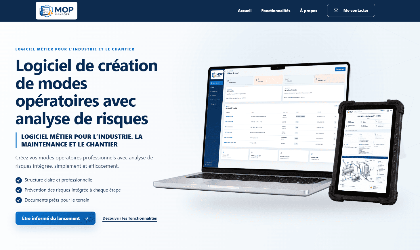 Page d’accueil du site MOP Manager réalisé par misecloud.fr