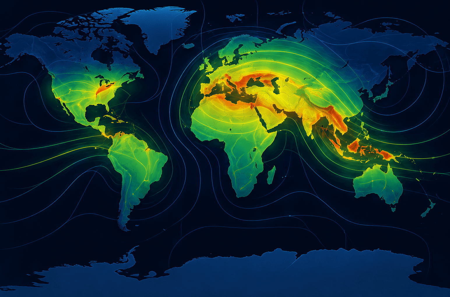 Carte mondiale de propagation radio avec zones de couverture colorées